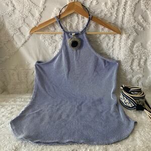 JANETTE PLUS USA Halter Tank Top Women’s Sz L Striped Blue/White Nautical Beachy